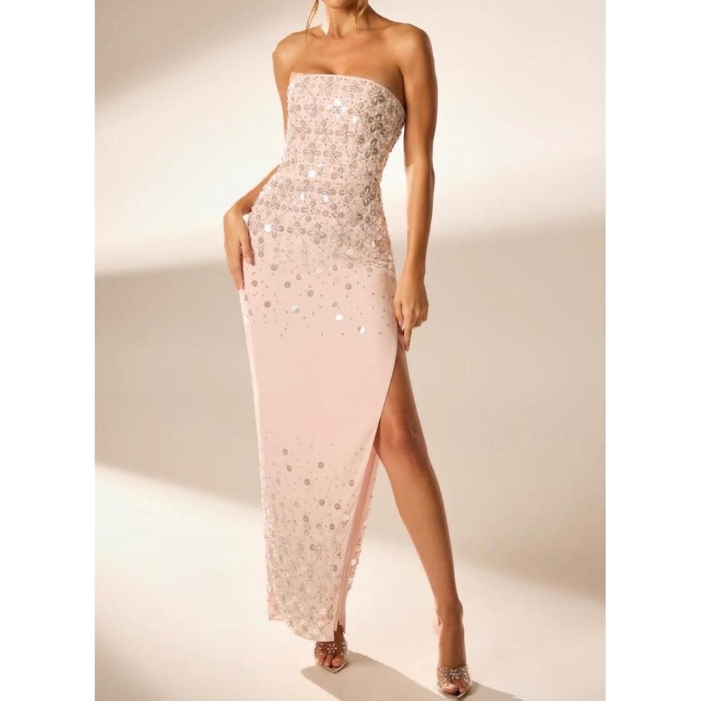 Oh Polly Blush Pink Sequin Embellished Strapless Maxi Dress Side Slit US 4 NEW